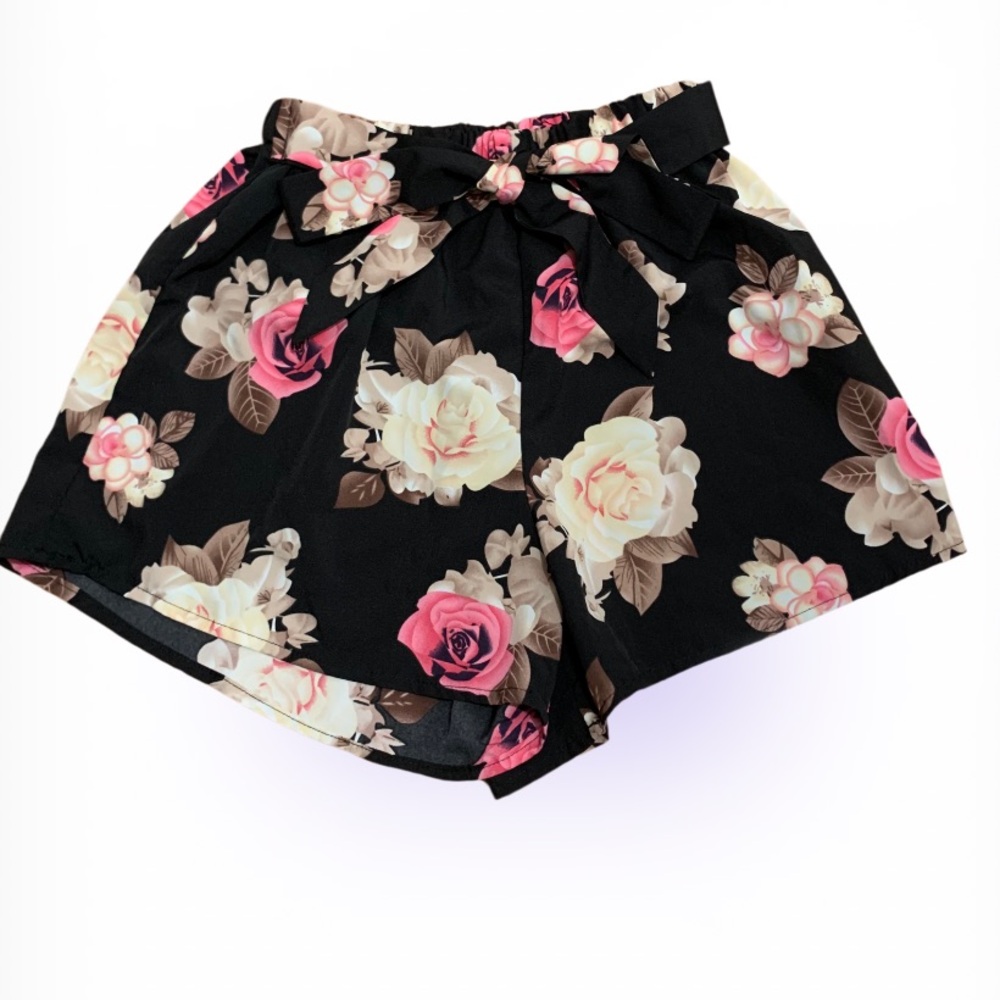 SHEIN Black Floral High Waist Shorts with Tie (S)